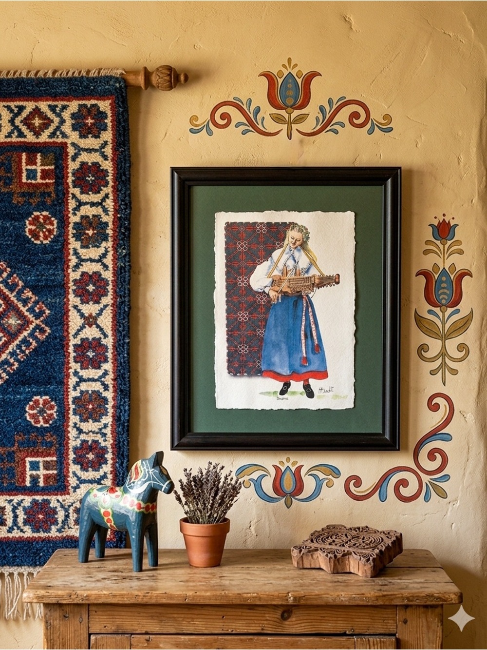 Vintage Swedish Folk Art Framed Print β Dalarna Nyckelharpa Player